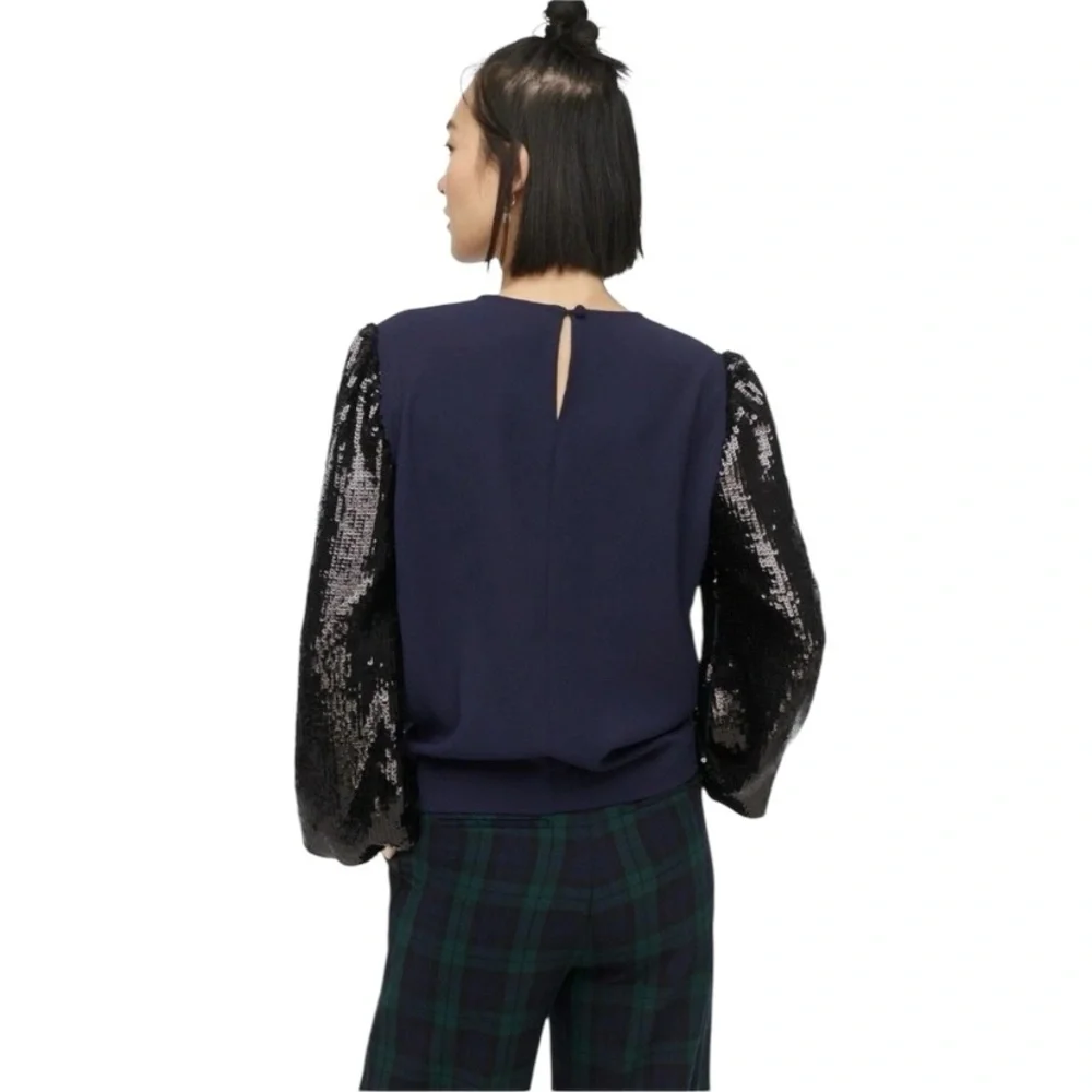 NWT J Crew Small Elegant Navy Blue Keyhole Party Top with Black Sequin Sleeves